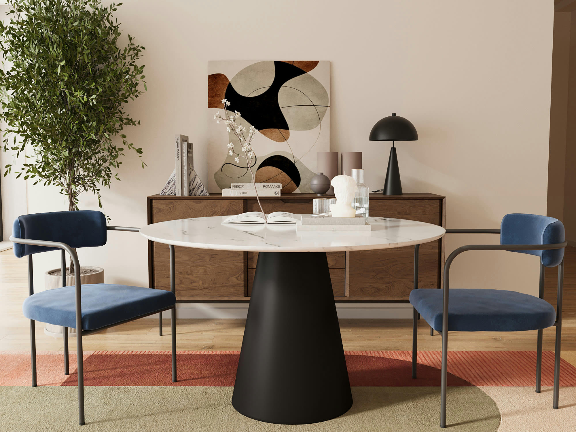 BARBARA - Chaise de salle à manger tapissée avec accoudoirs, velours bleu