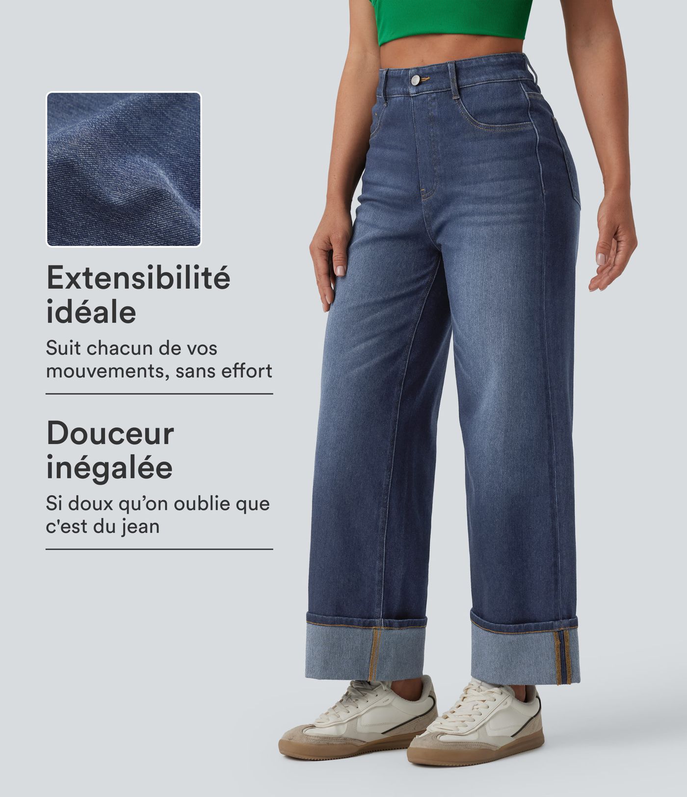Jean large 7/8 décontracté Halara Flex™ délavé gainant taille haute ourlet roulotté avec poches