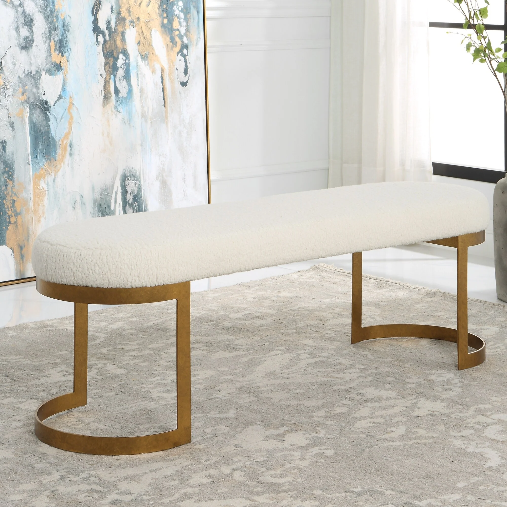 Shearling Top Bench with Hand Forged Base - 60 - White and Gold