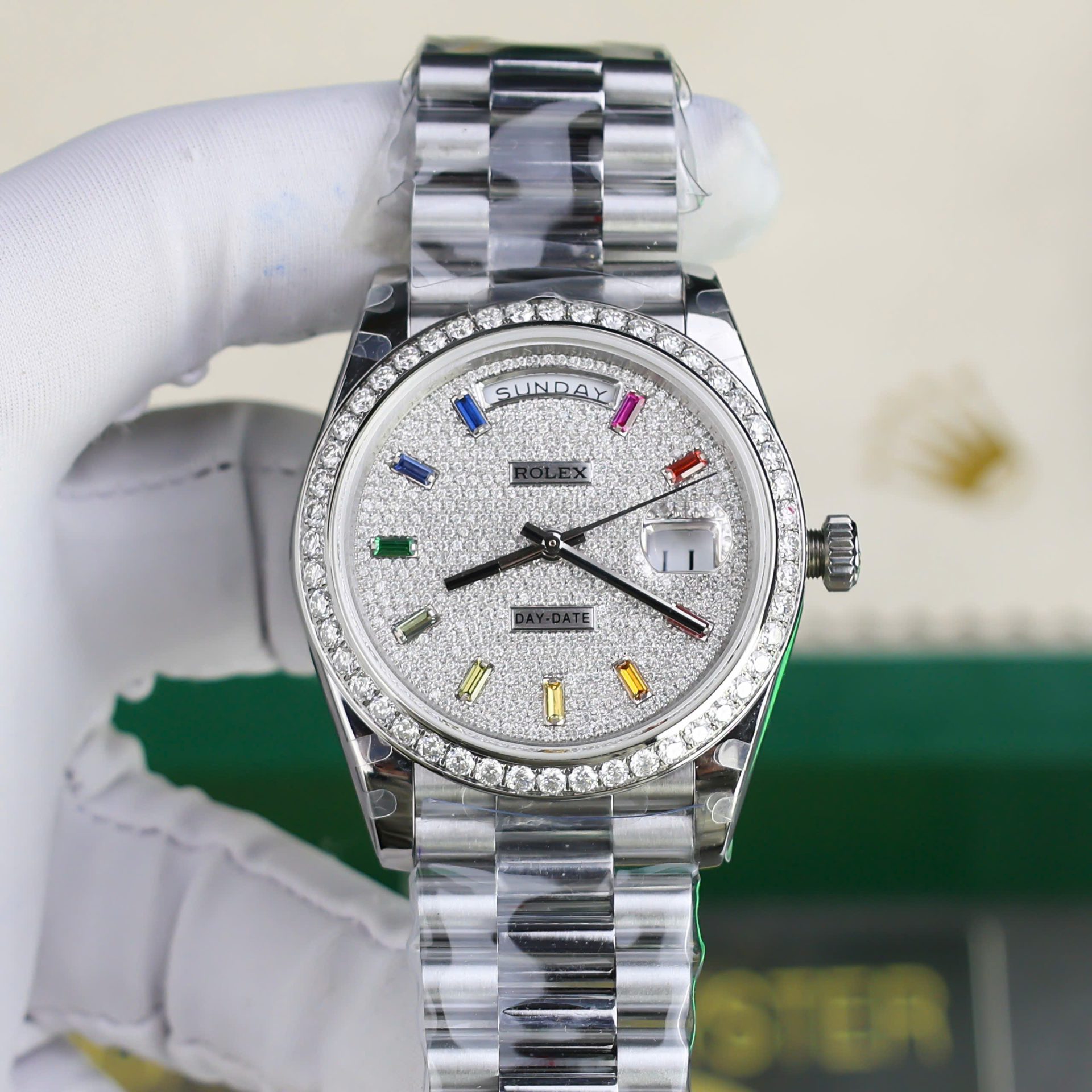 Rolex Day-Date 904L Steel Rainbow Pave Diamond Dial 40mm Super Clone