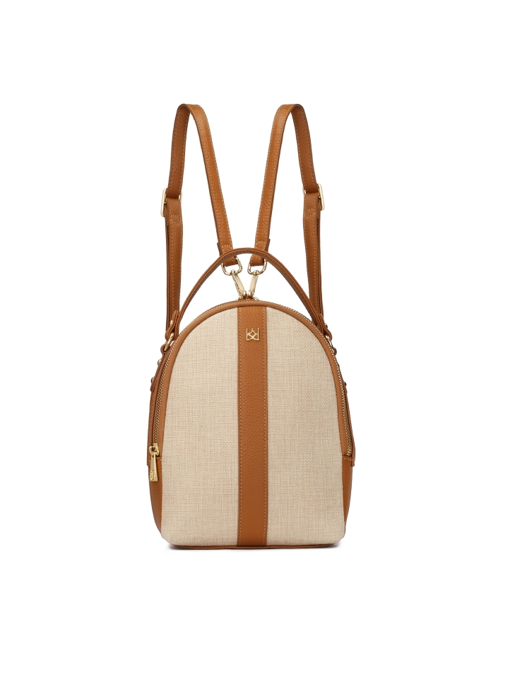 Light brown leather and beige fabric backpack