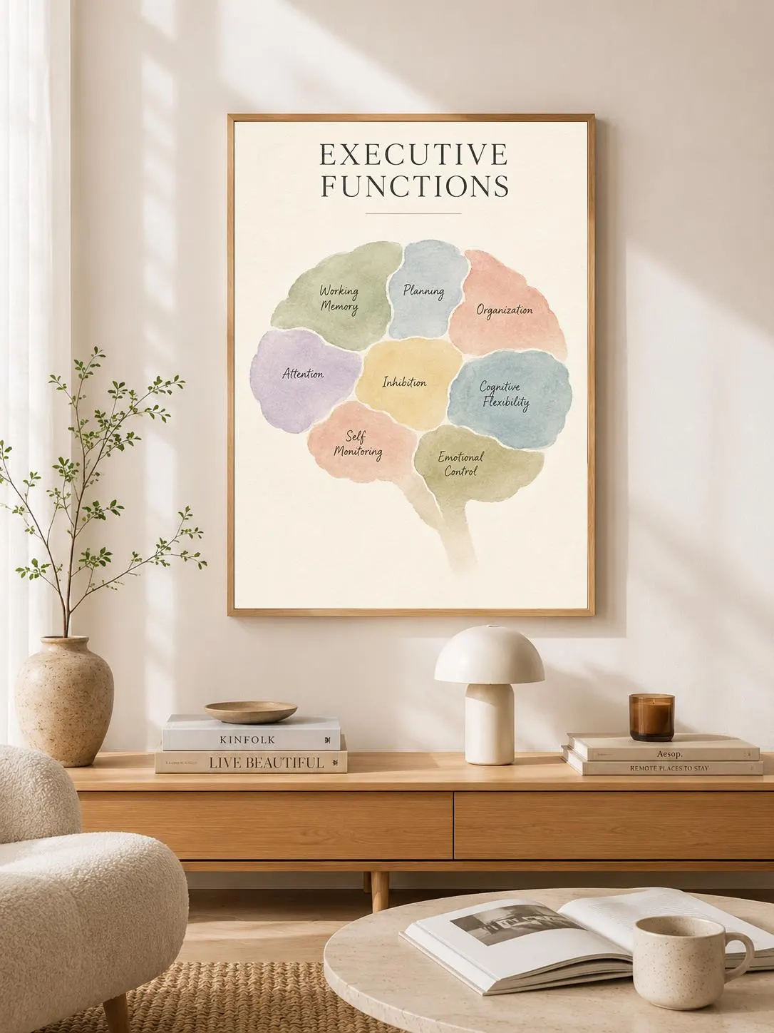 Executive Functions Print, Brain Function Poster, Therapy Office Decor, School Psychologist Wall Art, OT SLP Decor, Watercolor Brain
