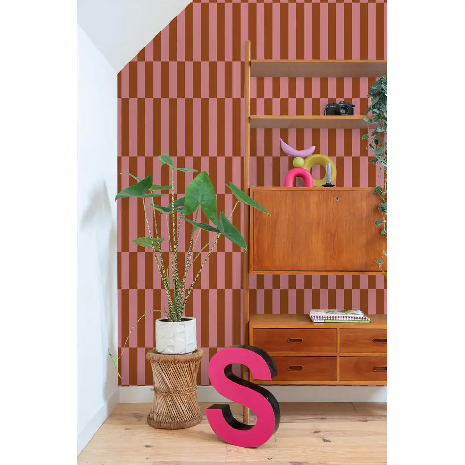 ESTAhome behang strepen roze en terracotta - 53 cm x 10.05 m