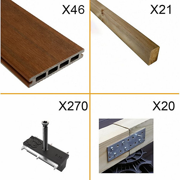 Kit Terrasse Composite NAVIA 15m² - Teck - 46 Lames de Terrasse (220 x 14.5 x 2.2 cm) - Fixation par Clips - Cobra Hybrid