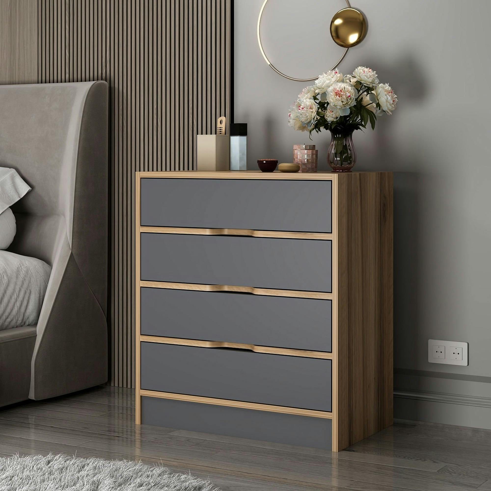 Petite commode moderne 4 tiroirs effet noyer & gris BYRON