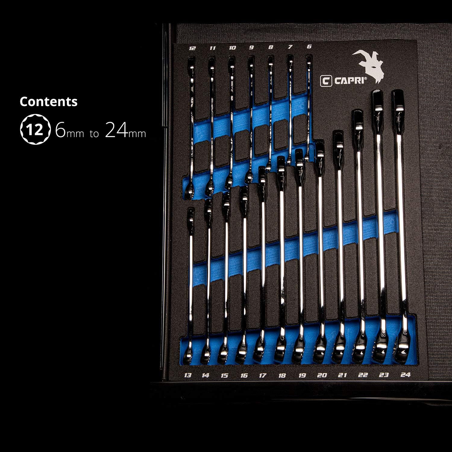 Capri Tools Combination Wrench Set with The Mechanic's Tray, Metric 6 to 24 mm, 19-Piece (CP11390MT)