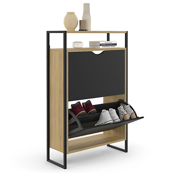 Meuble à chaussures 12 paires BOSTON 2 portes noires avec étagère supérieure design industriel