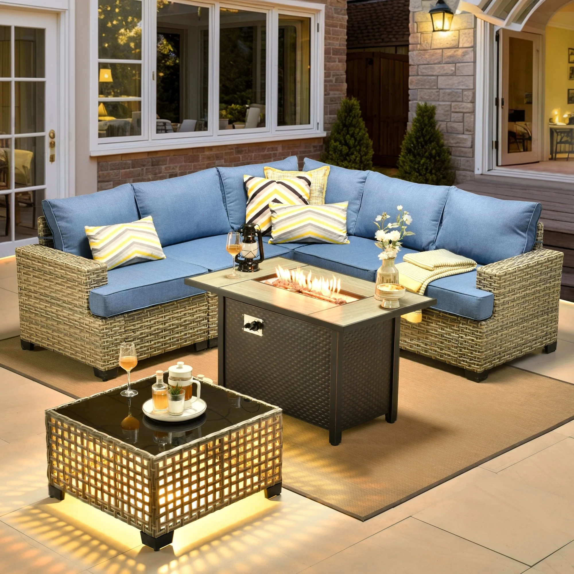 XIZZI 7 Pieces Patio Furniture Wicker Sectional Sofa Set with Fire Pit Table