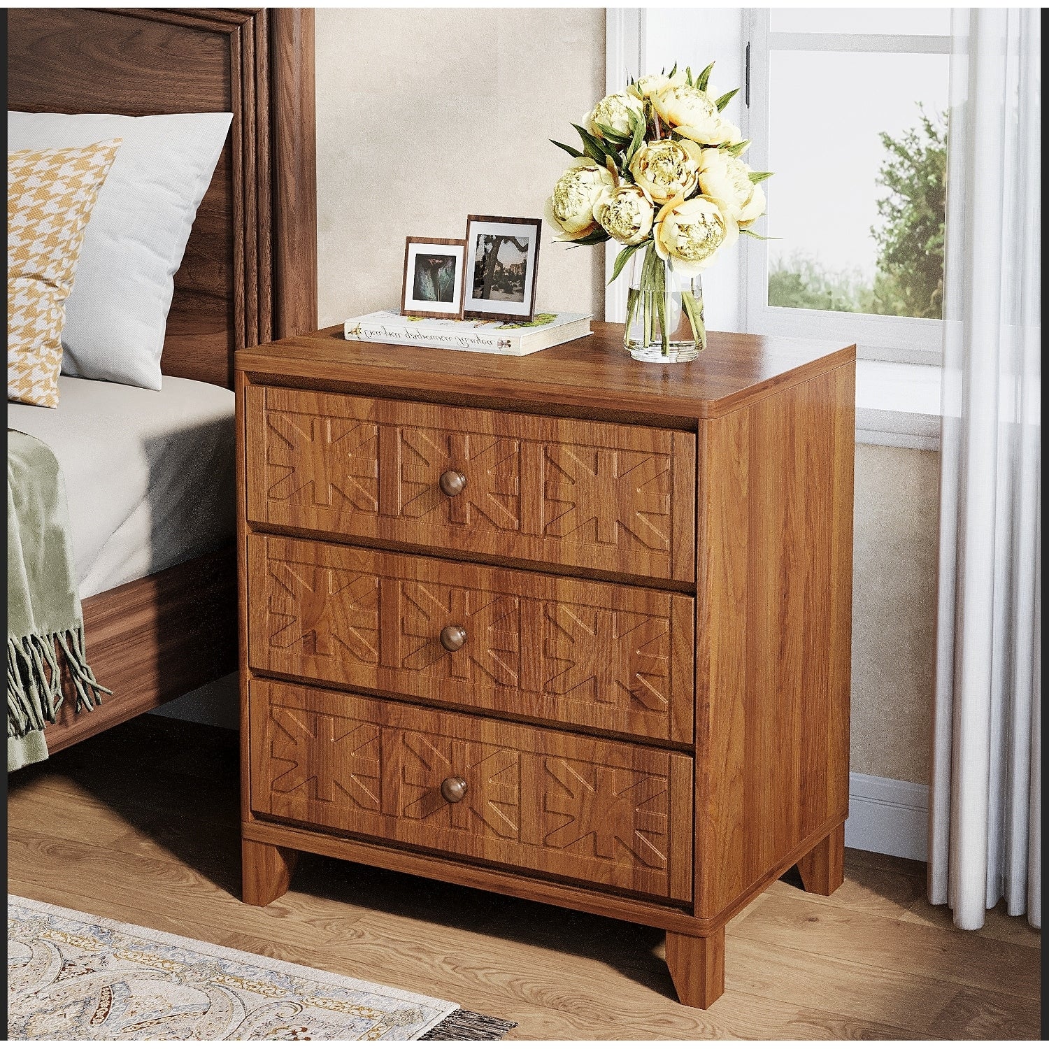 3-Drawer Nightstand for Bedroom, Living Room, Rustic Brown