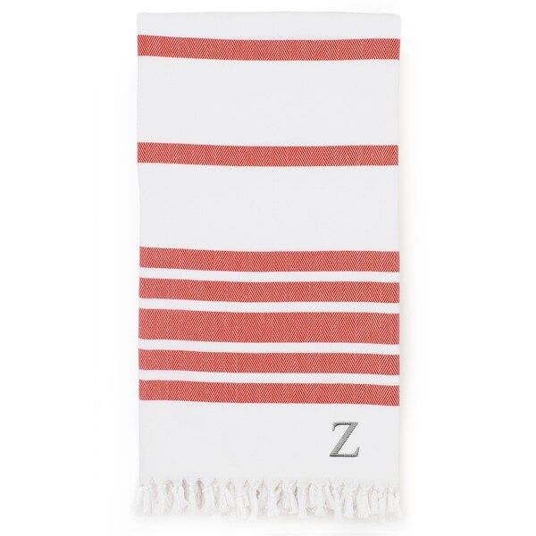 Authentic Pestemal Red Herringbone Monogrammed Turkish Cotton Bath and Beach Towel