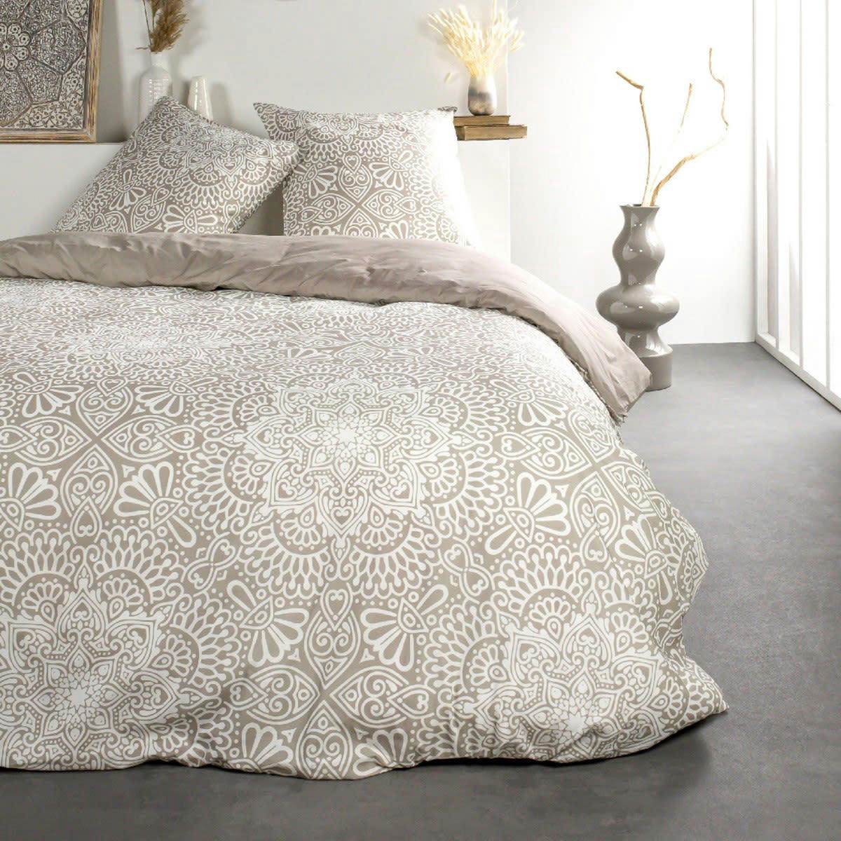 SUNSHINE - Parure de lit 2 personnes imprimé floral en coton beige 240x260cm