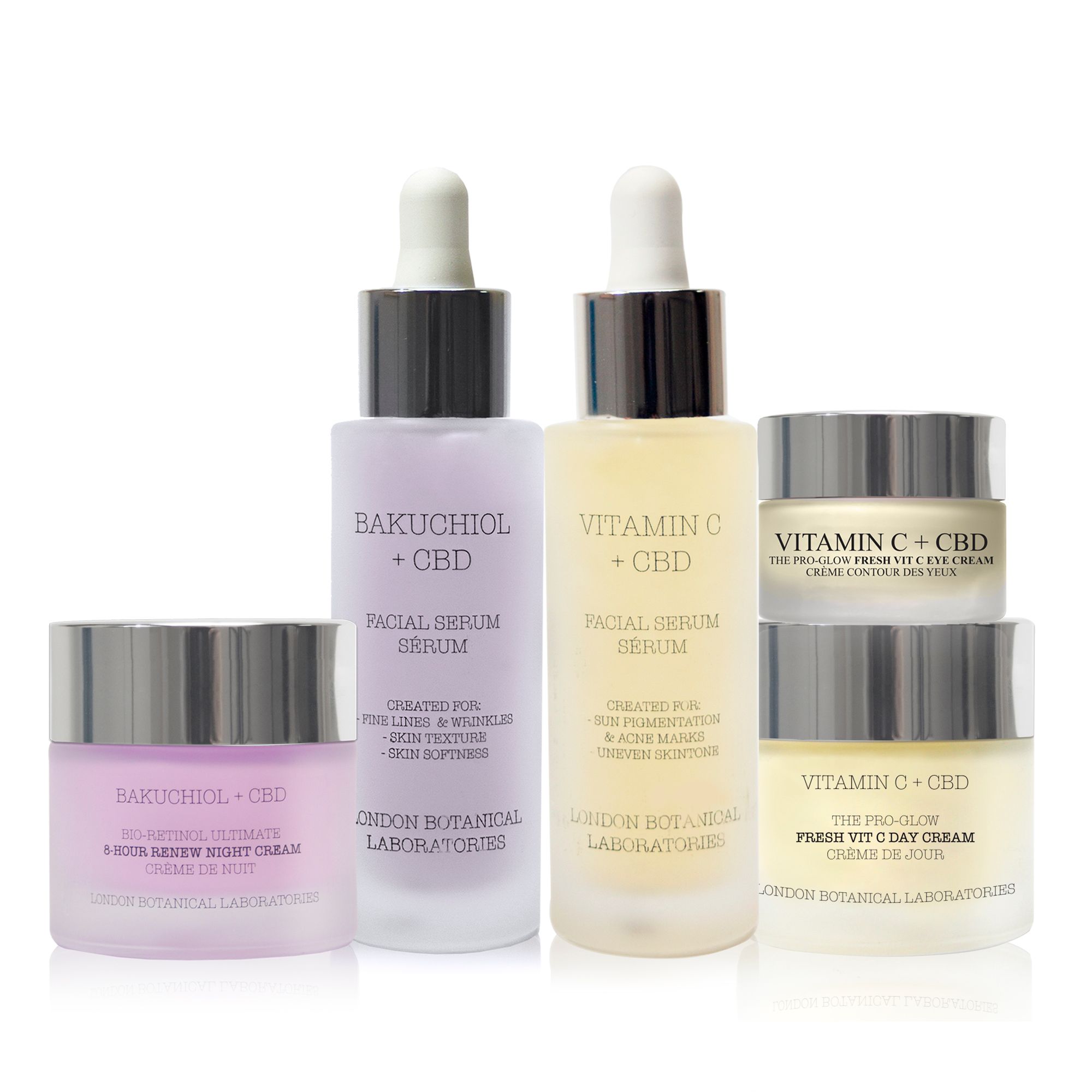 London Botanical Laboratories Bakuchiol Anti-Aging Serum, Vitamin C Face Lifting Serum, Vitamin C Skin Brightening Day Cream, Bakuchiol Anti-Aging Night Cream, Vitamin C Anti-Wrinkle Eye Cream