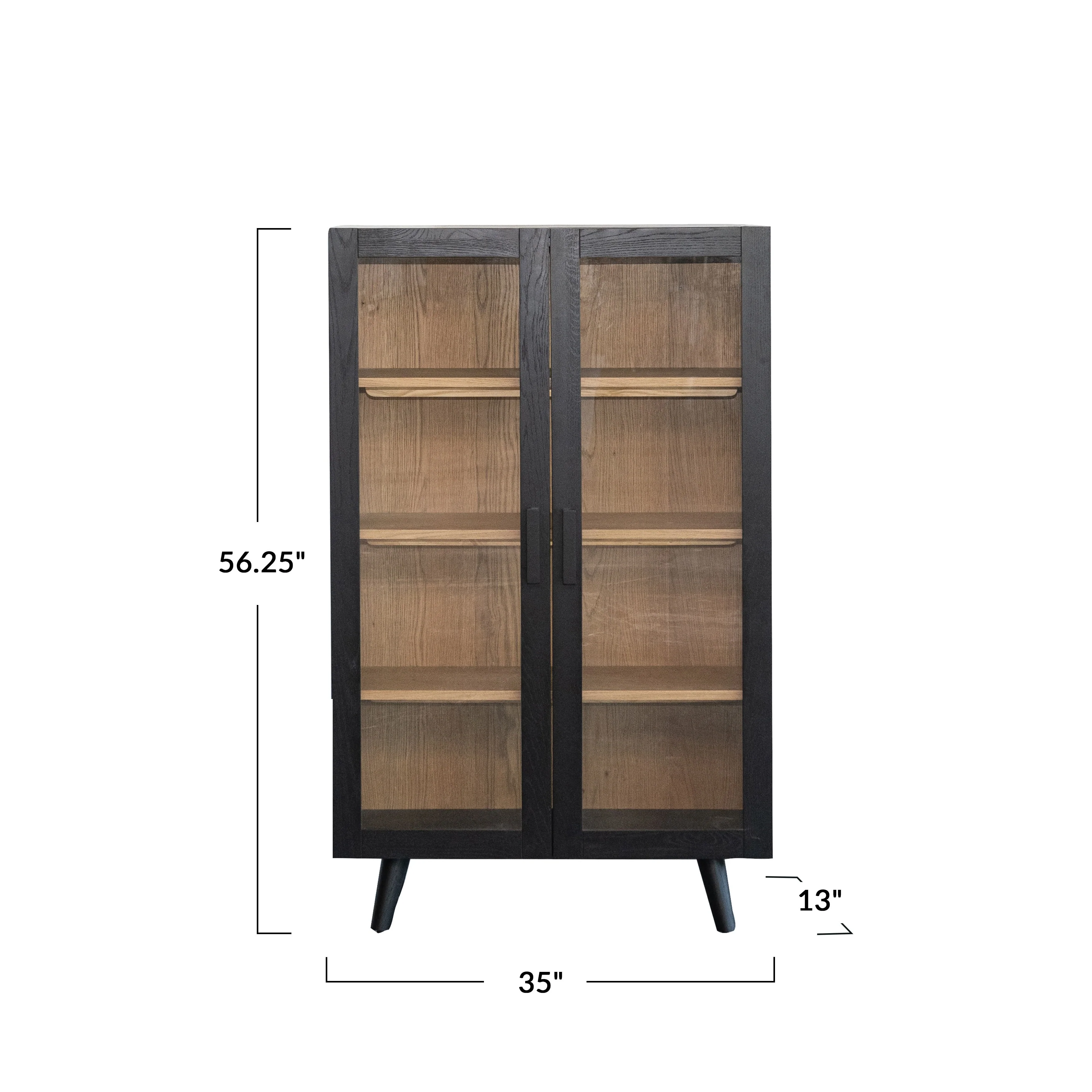 Oak Wood and Glass Cabinet with 3 Shelves, Black and Natural - 35.0L x 13.0W x 56.2H