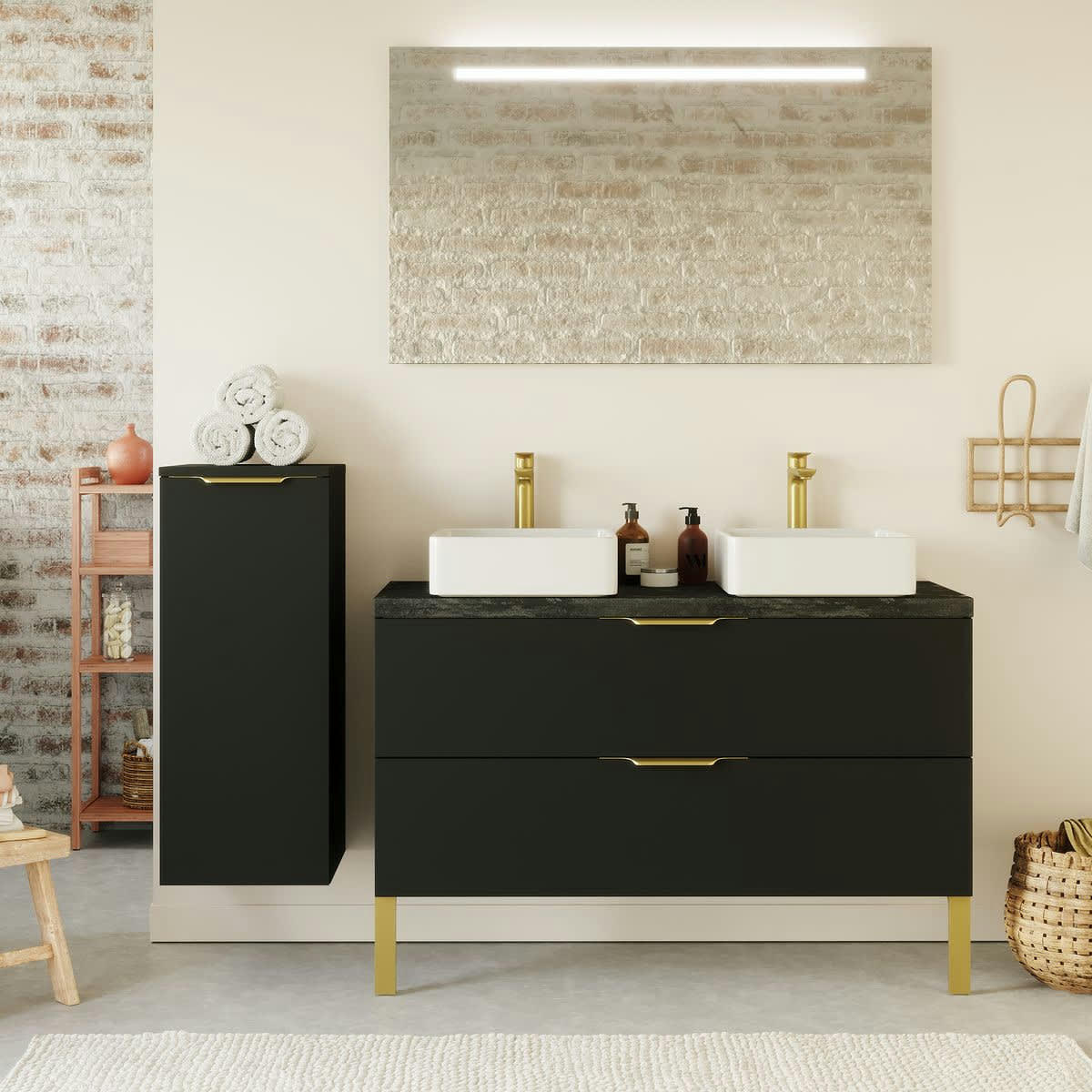 VENICE - Meuble salle de bain 2 vasques posées 120cm 2 tiroirs Noir