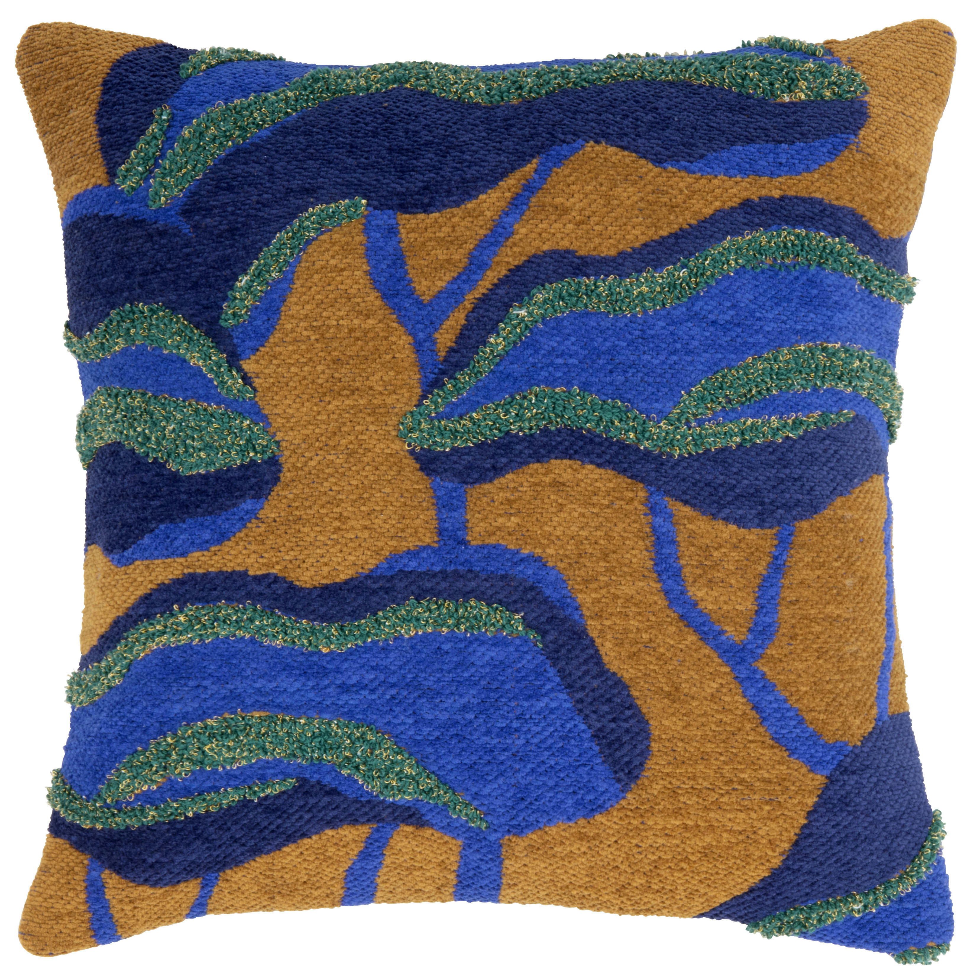 THOE - Housse de coussin chenillée motifs bleus, verts et marron bronze 40x40