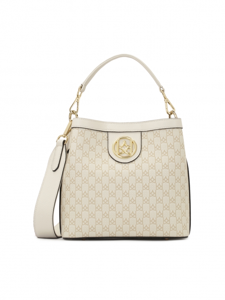 Leather handbag with handle and wide strap