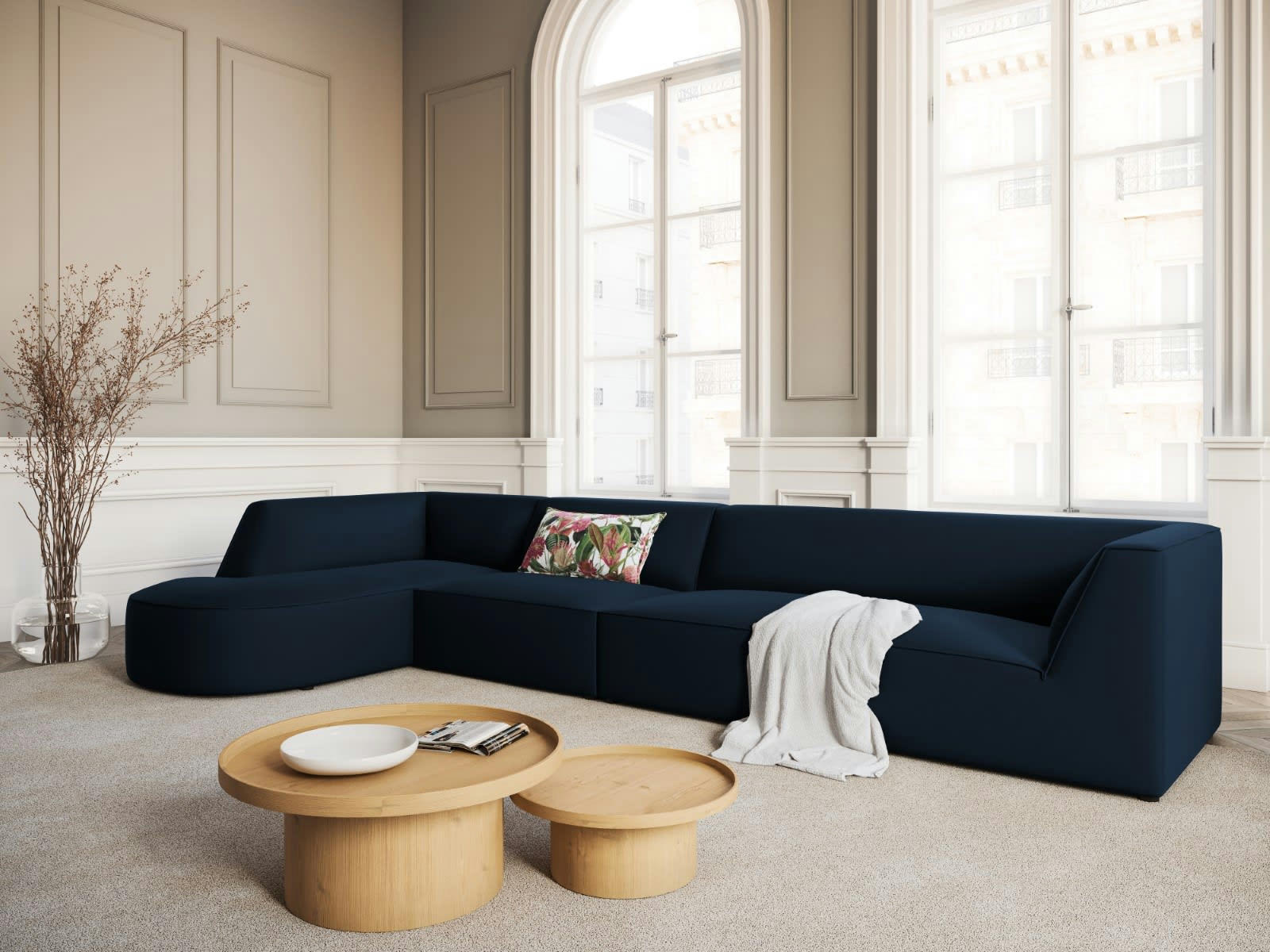 CHARLES - Canapé D'Angle Gauche 5 places en Velours Bleu Foncé