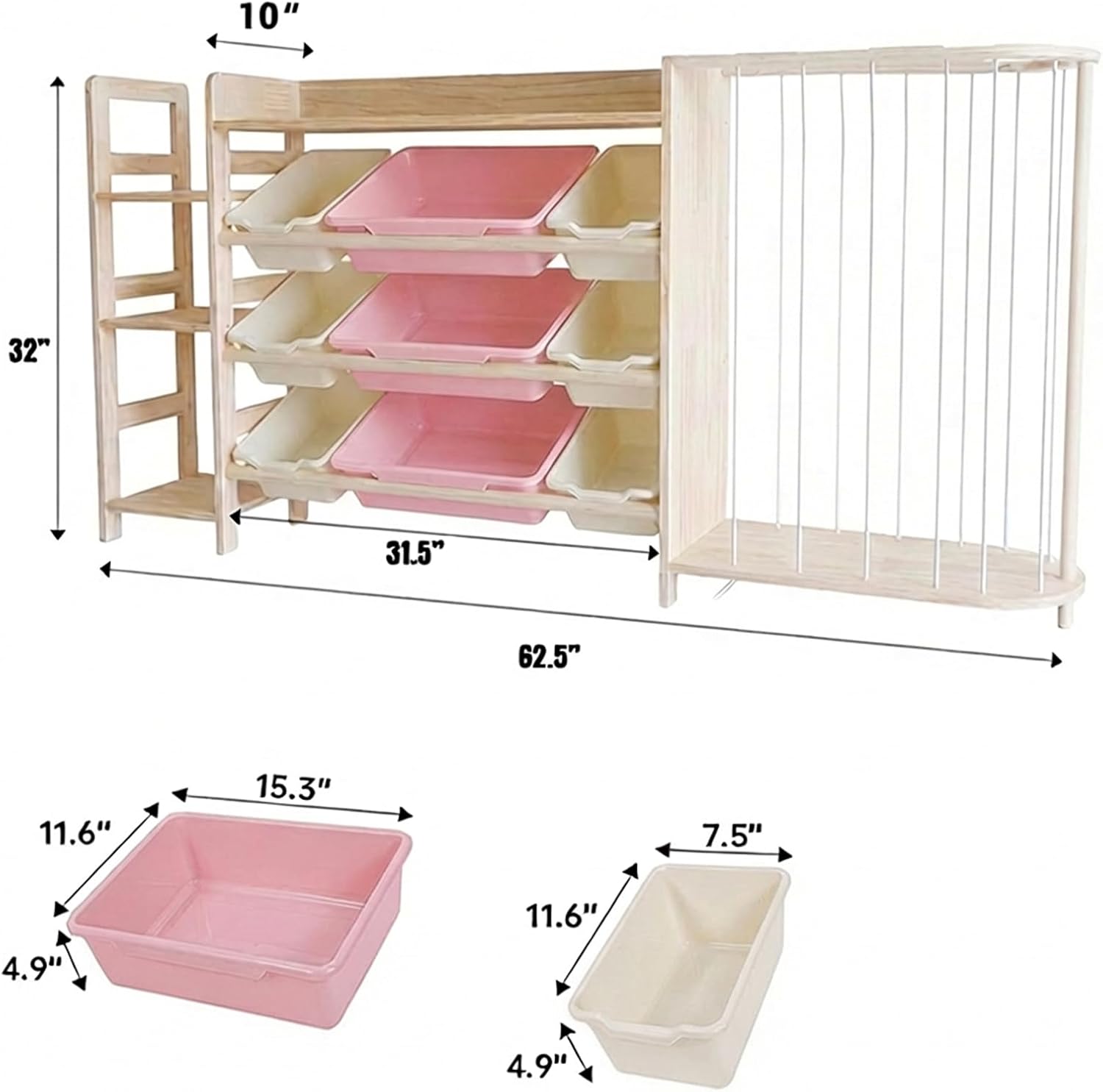 Amdermi Kid's Toy Storage Organizer with Bookcase & Plush Stuffed Animal Zoo, Multi-Bin Toy Storage Shelf for Toddlers, 4-in-1 Wooden Display Rack for Playroom, Bedroom & Nursery (Pink)