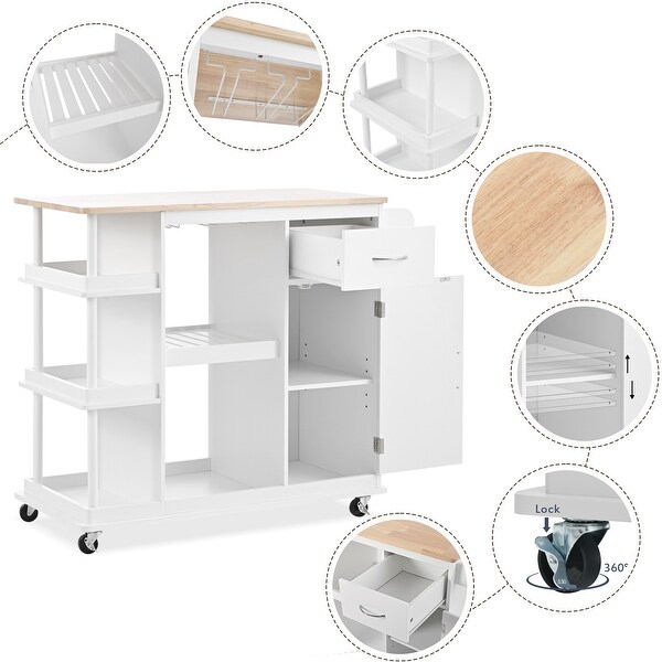 Multipurpose Rubber Wood Top Kitchen Cart Cabinet, 40" Kitchen Storage Island with Wine Rack for Diningroom