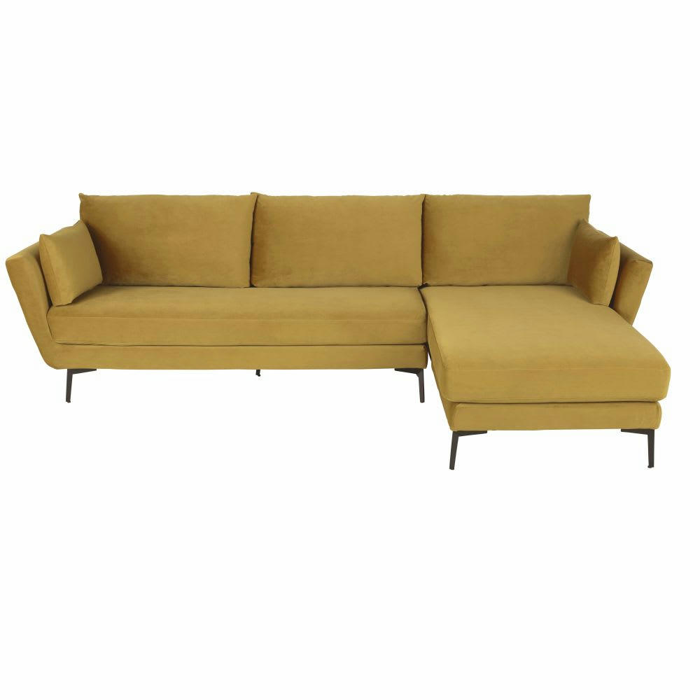 Prague - Canapé d'angle droit 4/5 places en velours jaune moutarde