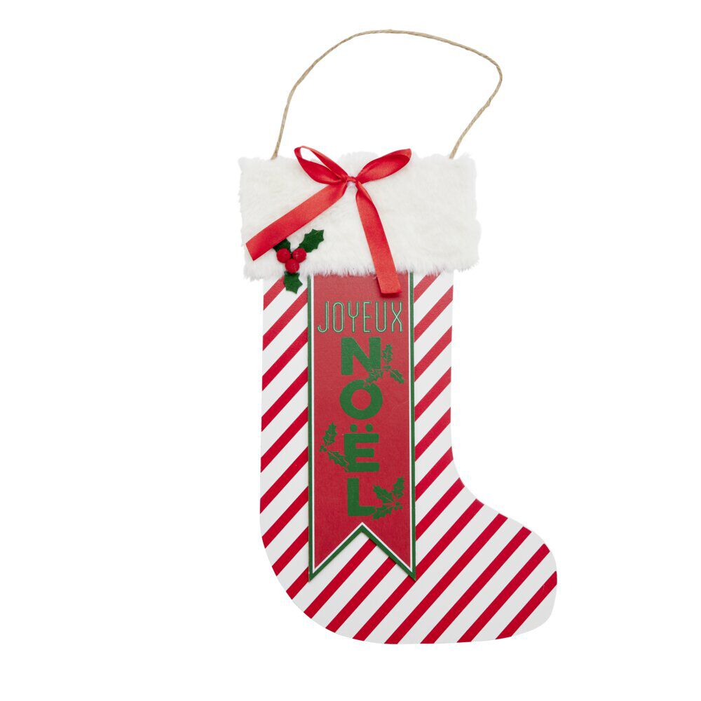 Décoration de No&euml;l à suspendre en bois botte chaussette rouge et blanche 24x36cm
