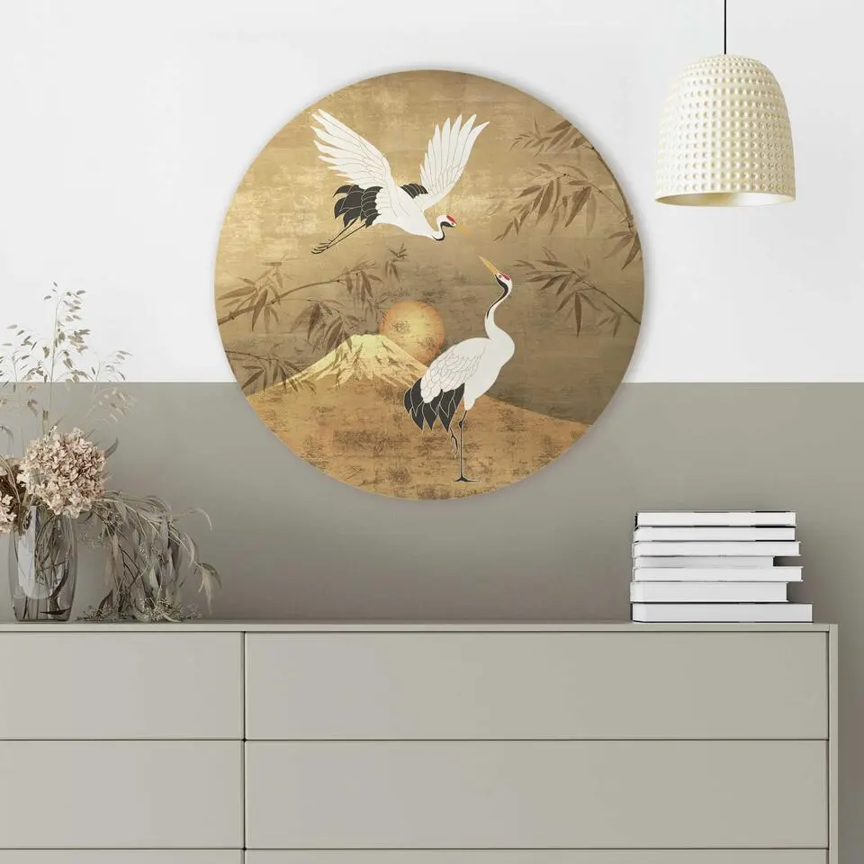 Glasschilderij Kraanvogels - &Oslash; 50 - Goudkleurig