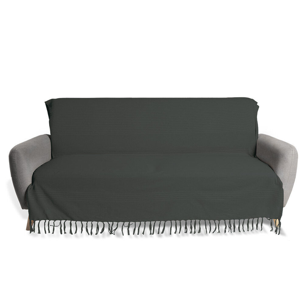 Jeté de canapé 170x250cm à franges 100% coton gris