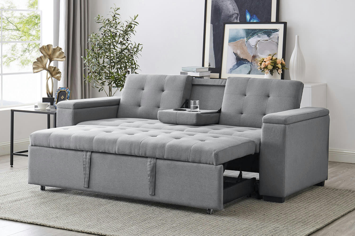 NOHO - Canapé convertible 3 places en tissu gris clair