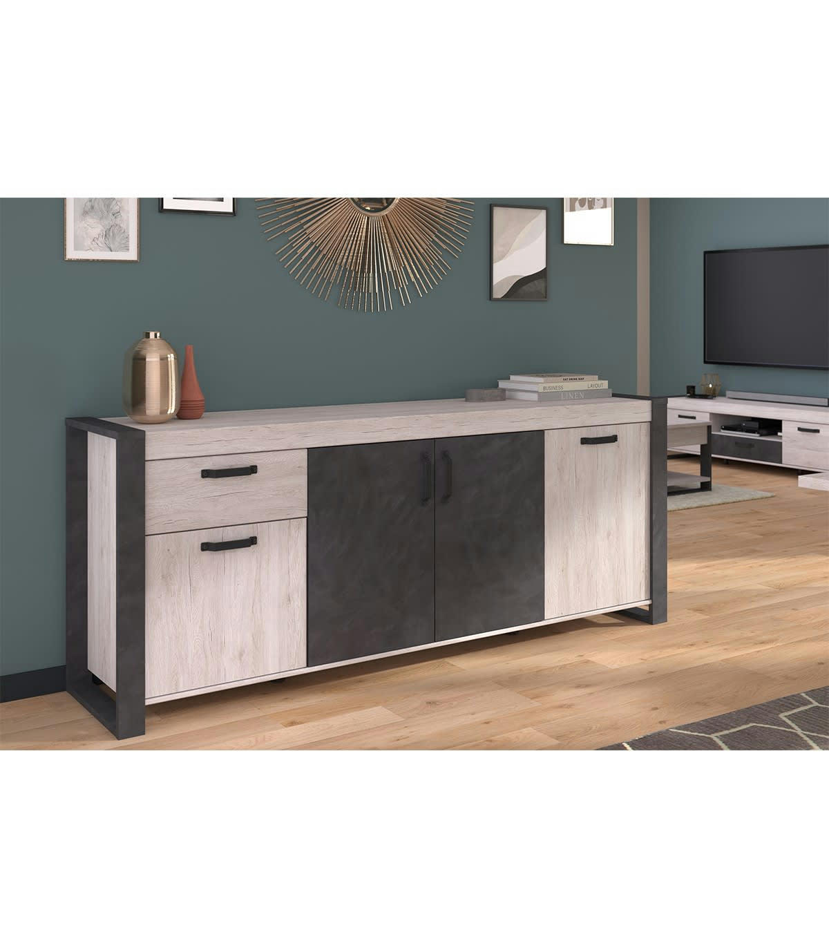 JULES - Buffet 4 portes 1 tiroir effet bois - L218 x H87 cm