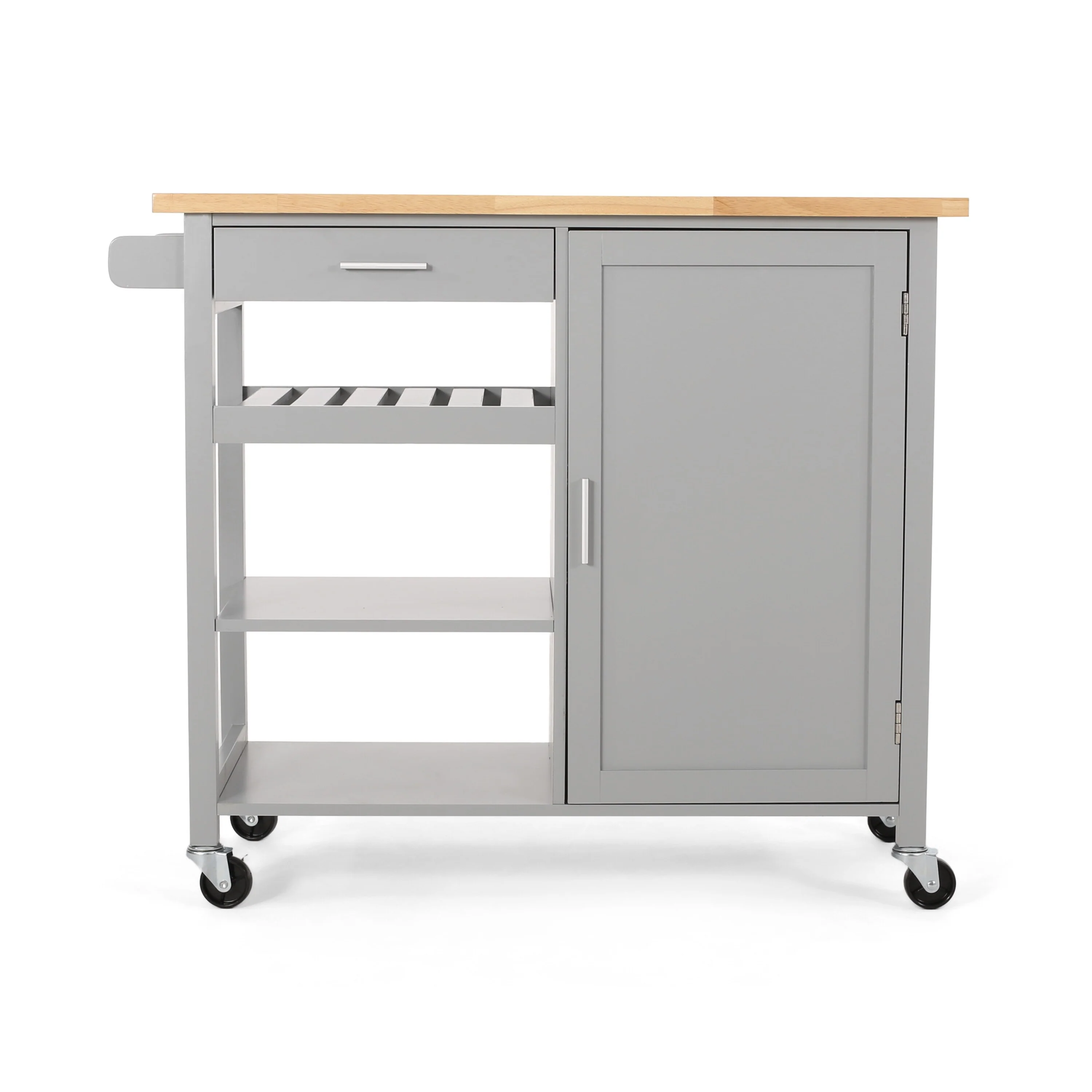 Contemporary Kitchen Cart with Rubberwood Top, Multi-Function Storage Drawer, Open Shelves, Rolling Casters with Locks