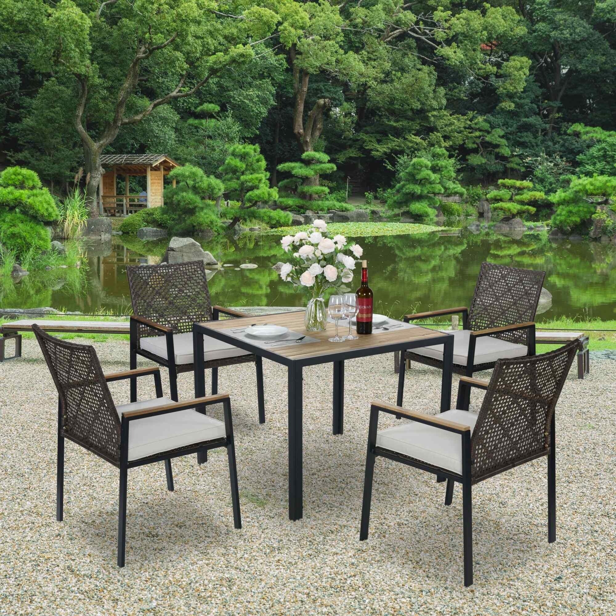 5-Piece Square Indoor/Outdoor Patio Table and Rattan Chairs Set with Umbrella Hole