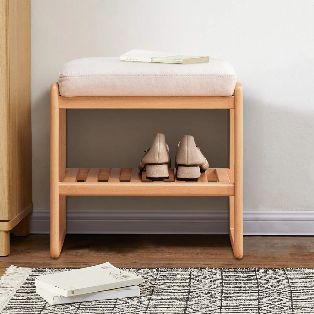 Solid Wood Shoe Bench with Sponge Cushion, Shoe Rack for Entryway - 23