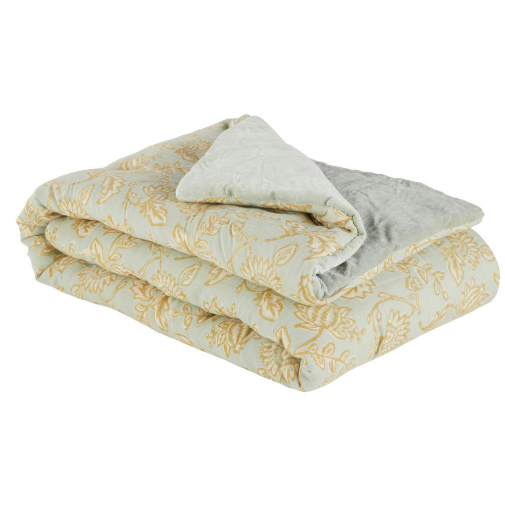 FENI - Boutis en coton bleu céladon imprimé feuillage ocre 185x85