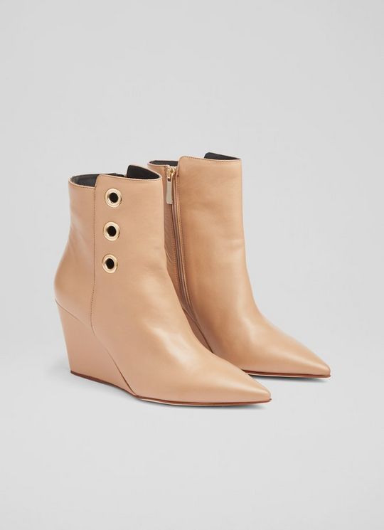 Brie Beige Leather Wedge Ankle Boots