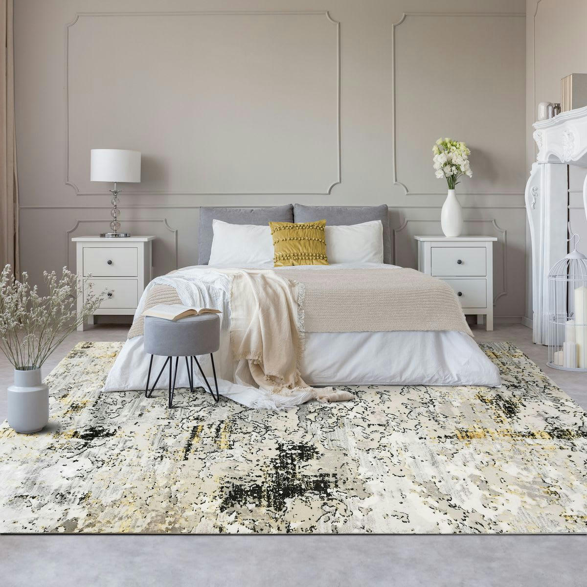 MEDIANE - Tapis graphique effet usé/vintage gris or 160x230