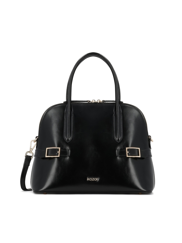 Rigid leather handbag with handles