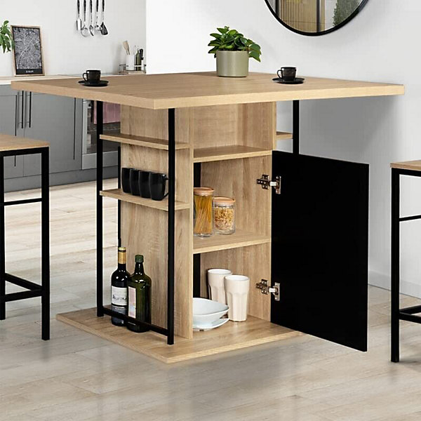 Comptoir Bar Ilot Central Industriel avec Rangements 110cm Imitation Hetre Salon Salle a Manger Cuisine 6 Places Moderne