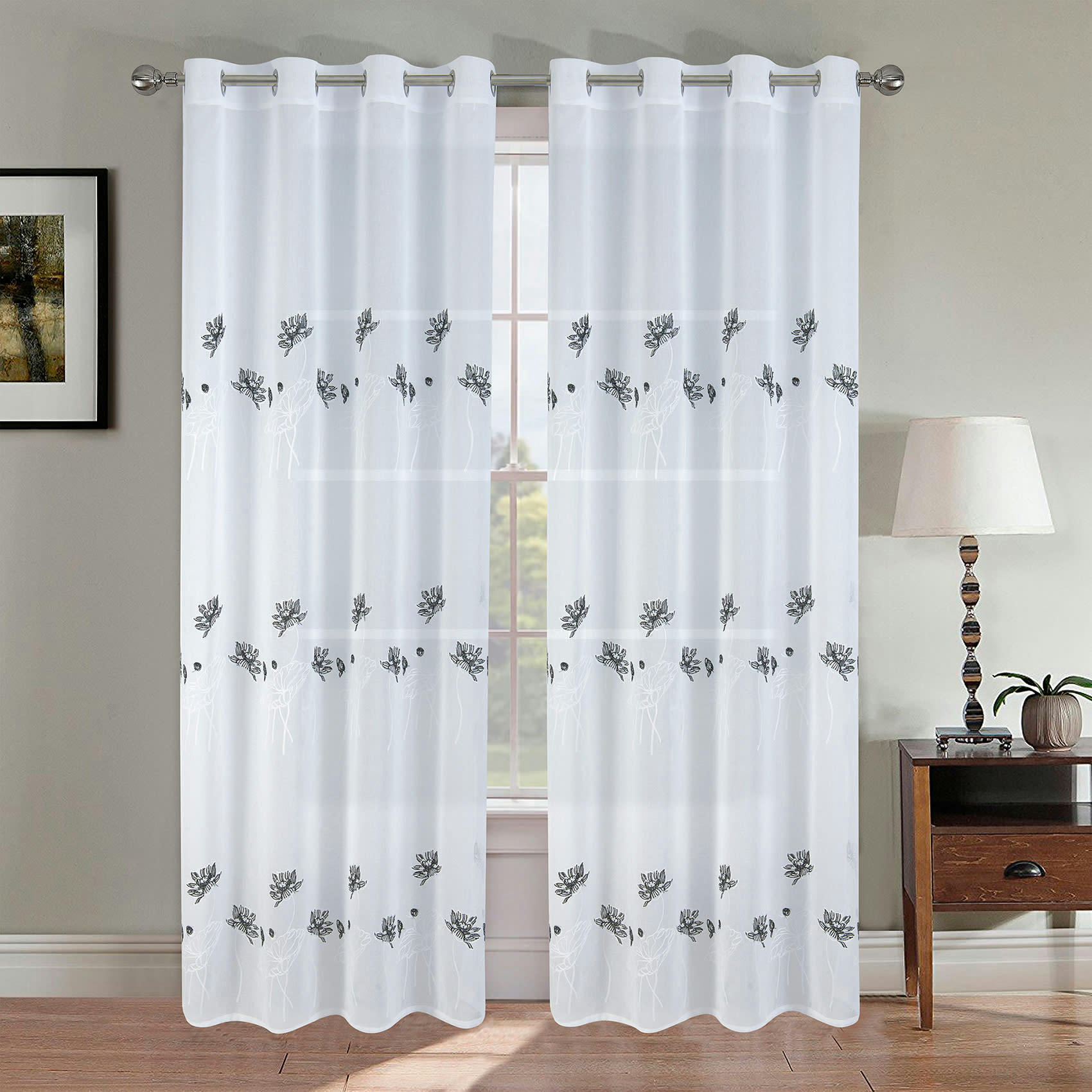 - Paire de voilage fleurie et plombée polyester noir 140x260 cm