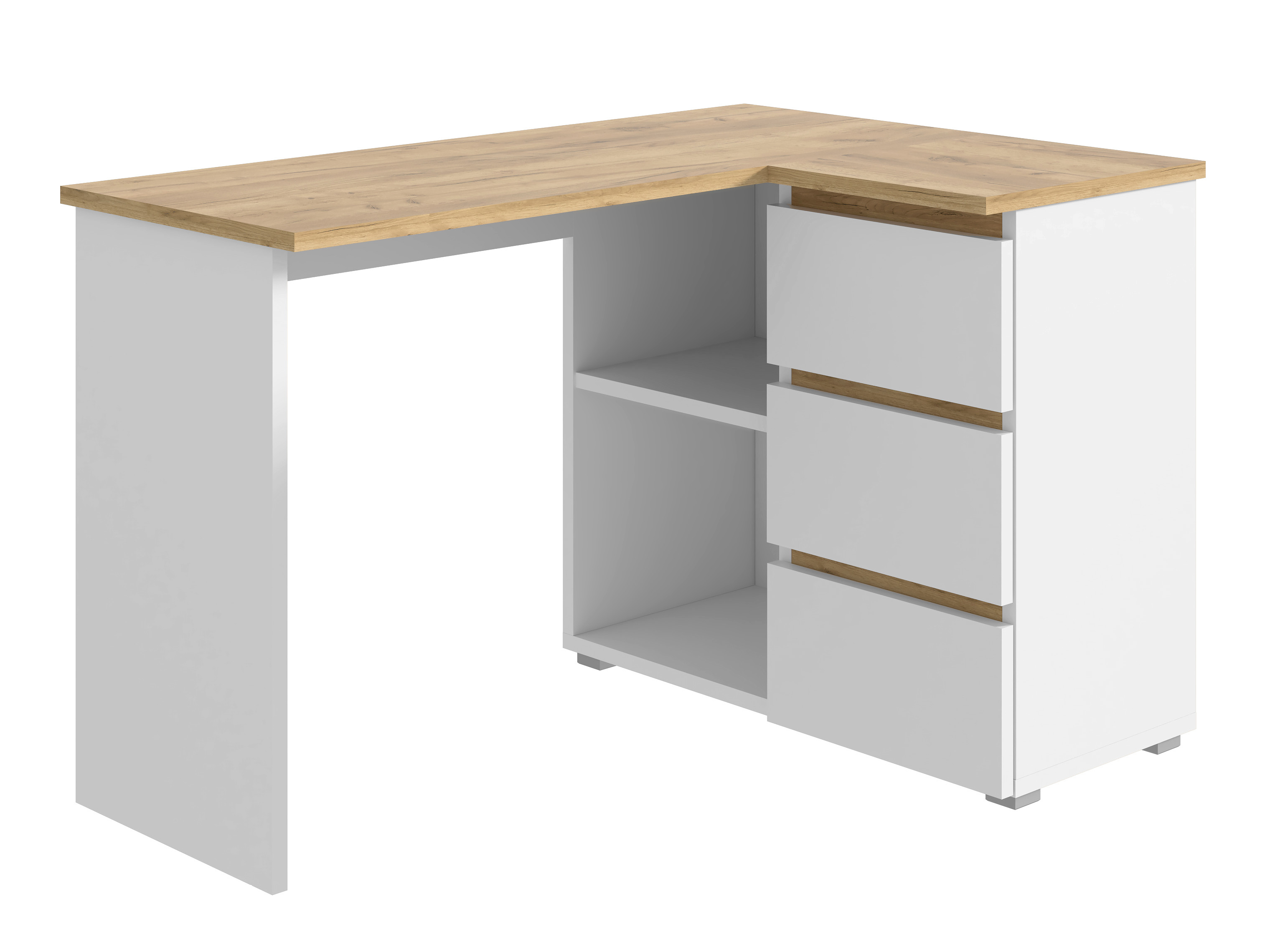 Nowoczesne biurko narożne Norge 124 cm 3 szuflady   2 półki