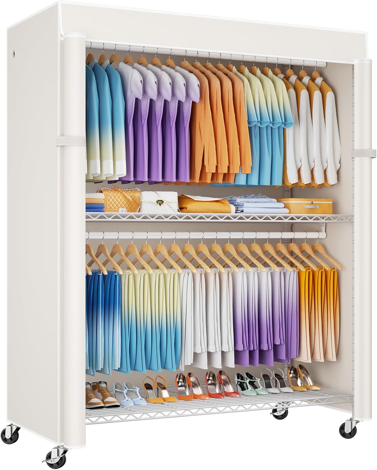 ULIFHOME P8C Max Heavy Duty Clothes Rack（With Extended Width Design） Rolling Clothing Racks for Hanging Clothes with Lockable Wheels，51.2W x 15.8D x 80.5H，Load 700LBS，White Rack with White Cover