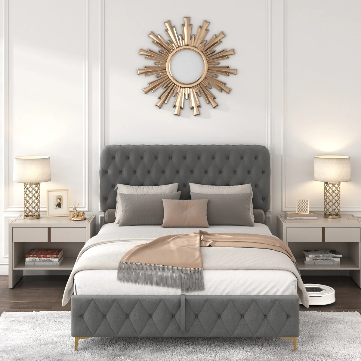 Full Platform Bed Frame With pneumatic hydraulic function, Velvet Upholstered Bed with Deep Tufted Buttons