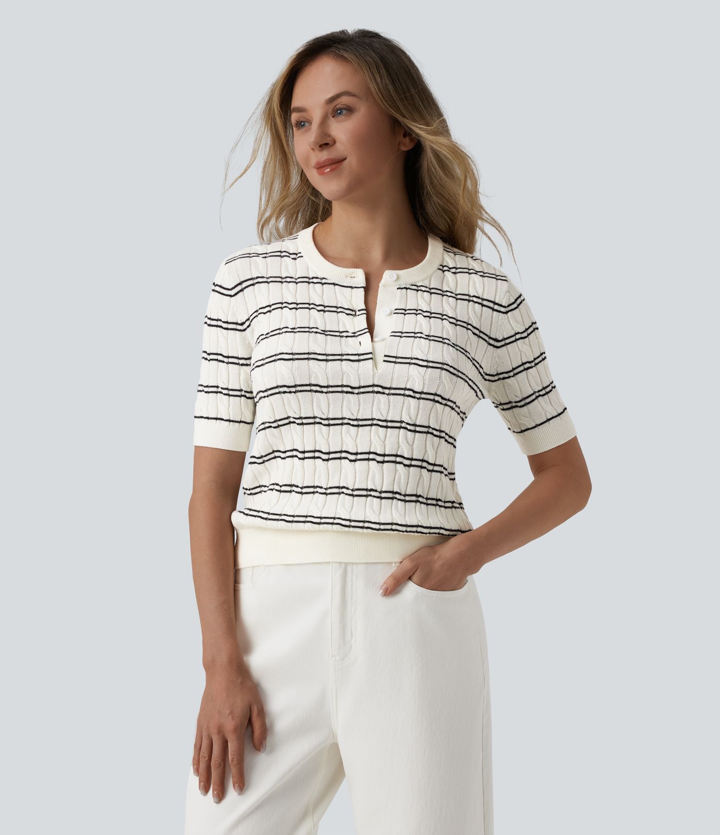 Pull de travail col Henley manches courtes rayé