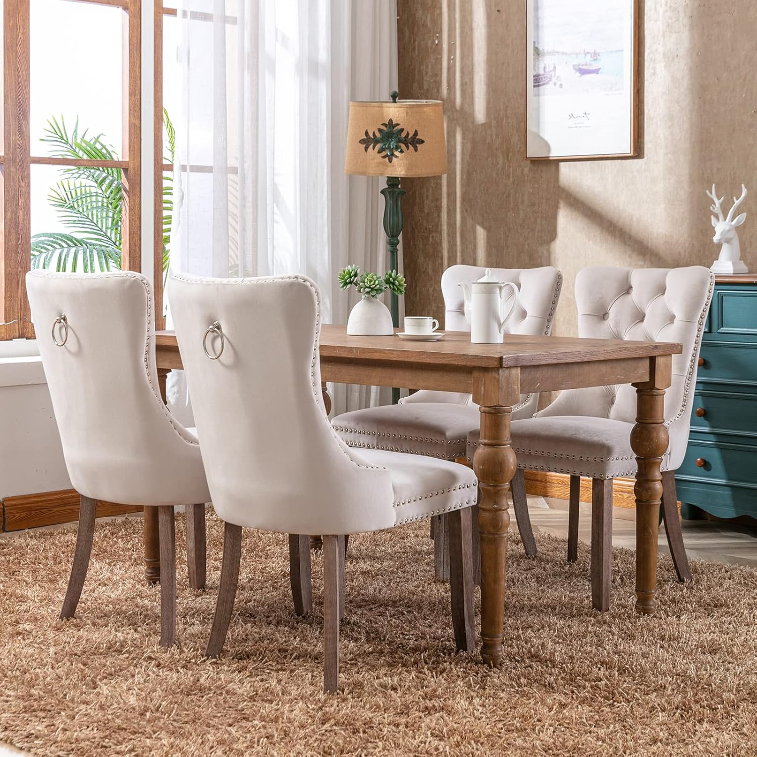 Beige Velvet Dining Chairs Set of 4, Kitchen & Dining Room Chairs, Fabric Tufted Dinning, Velvet Upholstered, High Wing Back, Pull Ring, Wood Frame, Mid Century Modern, Sillas de Comedor