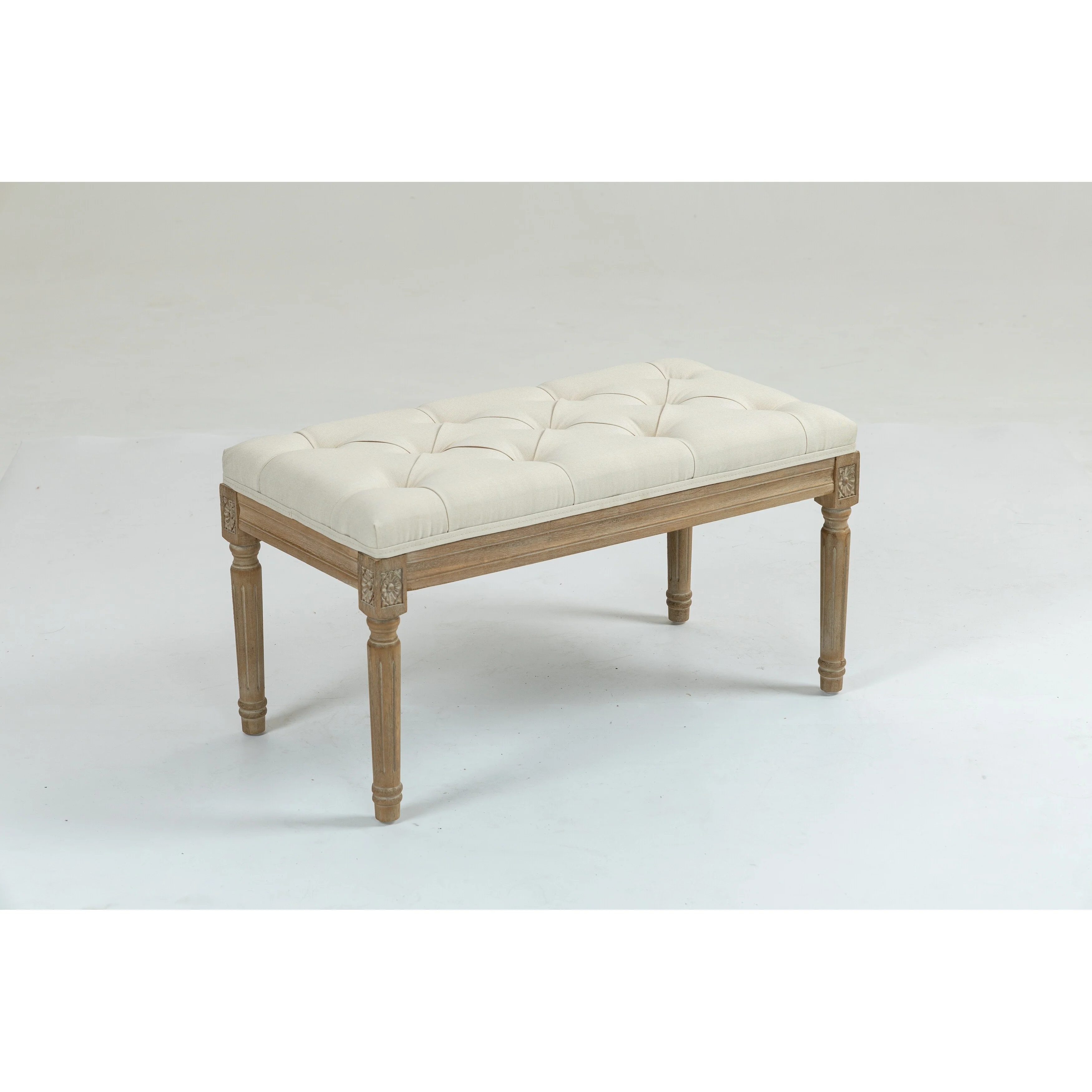 Traditional Rectangle Tufted Ottoman Bench in Beige Linen Look Fabric, For the Living Room and Bedroom