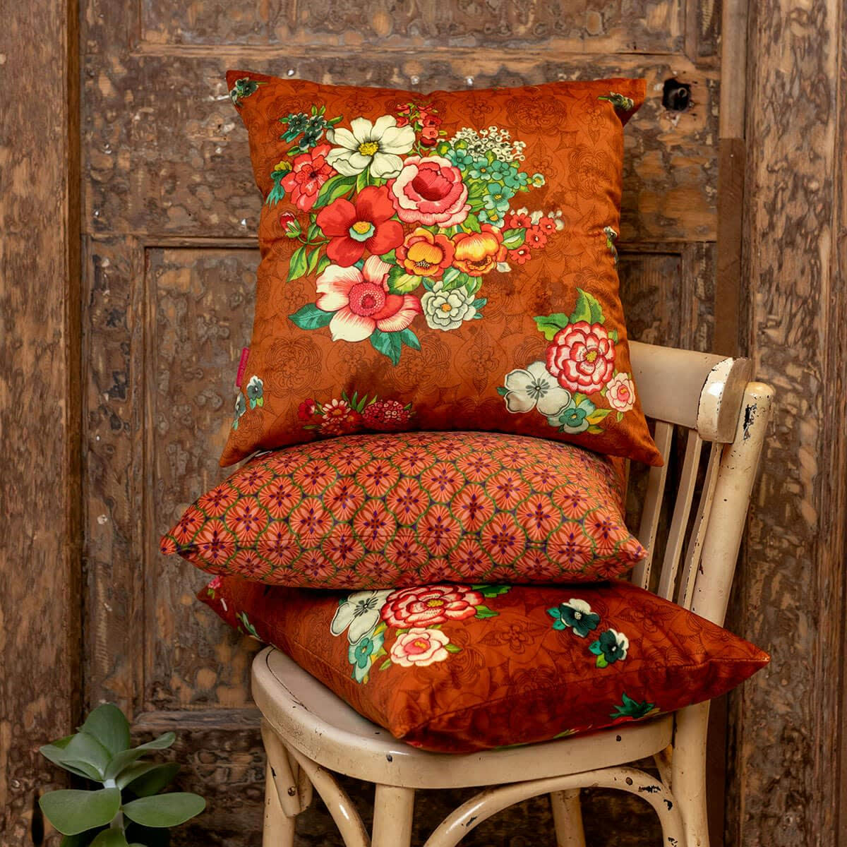 - Housse de coussin velours imprimé fleuri marron 45x45 cm