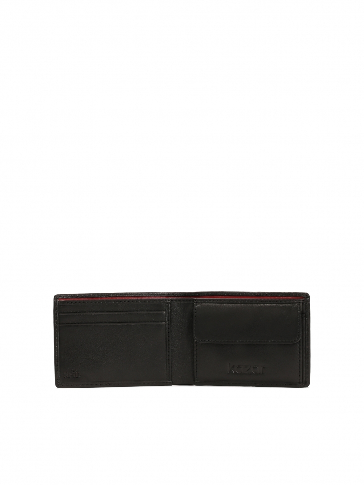 Small black men's wallet trimmed with red thread