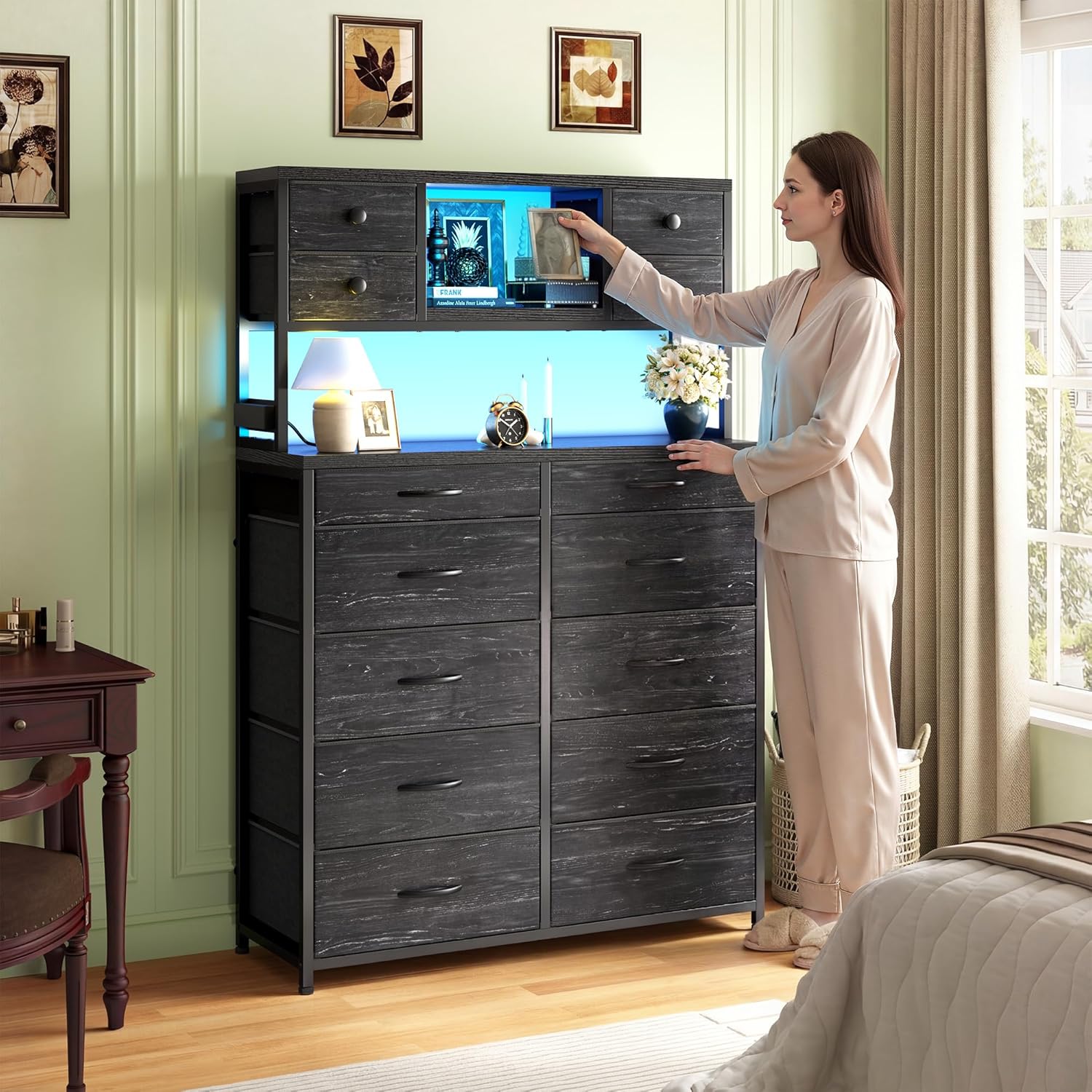 62“H Dresser for Bedroom with Large Drawers,Dressers & Chests of Drawers with LED Lights & Charging Station,Sturdy Bedroom Dresser with Open Storage Shelves, Wood Top,Steel Frame(Black)