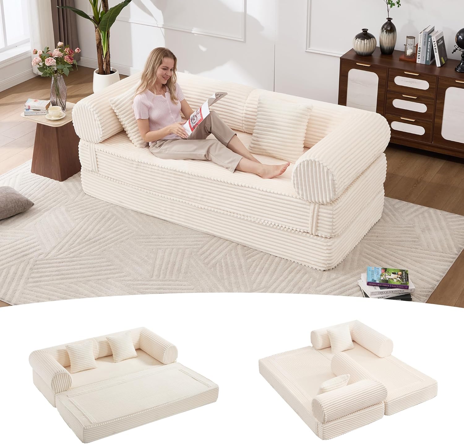 Tbfit 79'' Convertible Sofa Bed, Oversized Corduroy Folding Boneless Couch, Futon Mattress Sleeper Sofa, Comfy Foldable Upholstered Floor Couches for Living Room, Beige