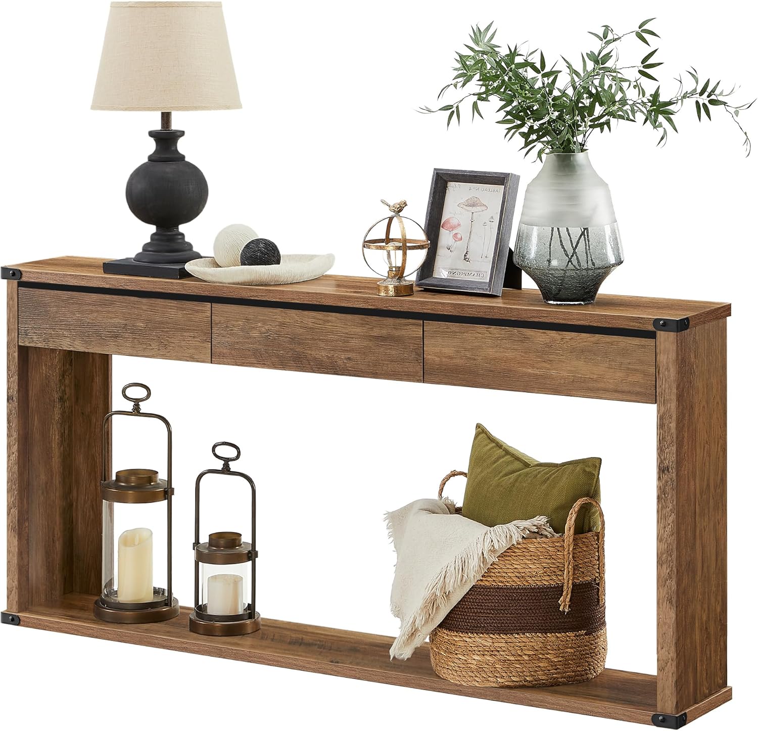 VASAGLE Sofa Console Table, 63 Inches Narrow Entryway Table with 3 Drawers, Bottom Shelf, Metal Corners, for Living Room, Bedroom, Farmhouse Style, Honey Brown ULNT146KB01S