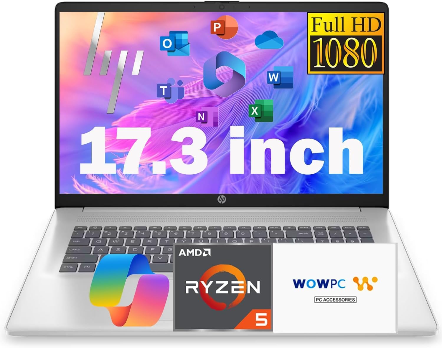 HP 17.3 Inch FHD Business Laptop with MS Office for The Web  AMD Ryzen 5 7430U (Beats Core i7-1355U)  8GB RAM  756GB Storage(256GB SSD + 500GB External Drive)  Windows 11  WOWPC 3-in-1  No Mouse